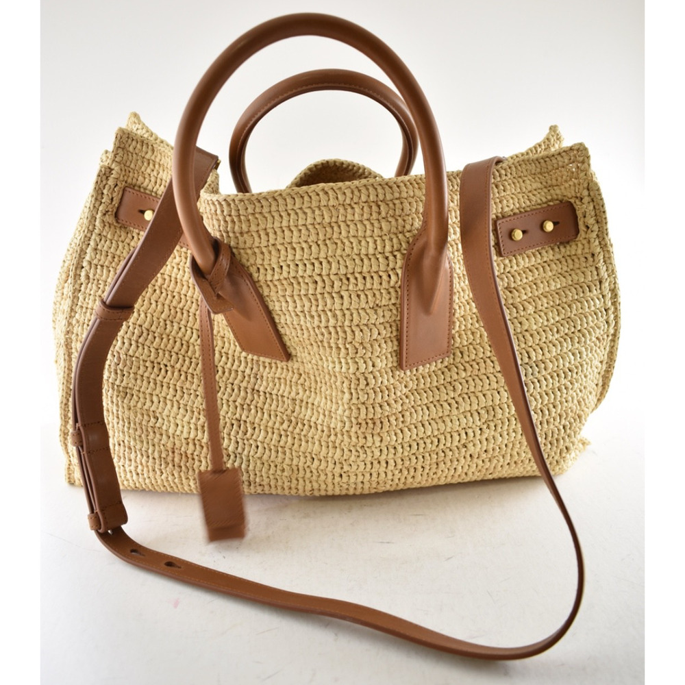 Saint Laurent Medium Sac De Jour Raffia Beige Brown Shoulder Top Handle Tote Bag - Picture 5 of 16